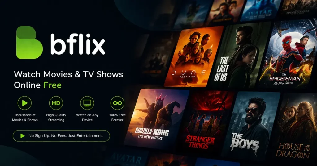Bflix streaming banner with green logo, dark cinematic background, and featured movie and TV show thumbnails promoting free online watching