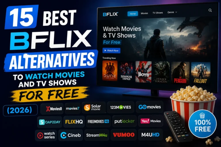 Featured image for a blog post titled “15 Best Bflix Alternatives to Watch Movies and TV Shows for Free (2026),” featuring a dark streaming-themed design with a TV displaying a movie interface, bold typography, popcorn, a remote control, and icons representing free streaming platforms.